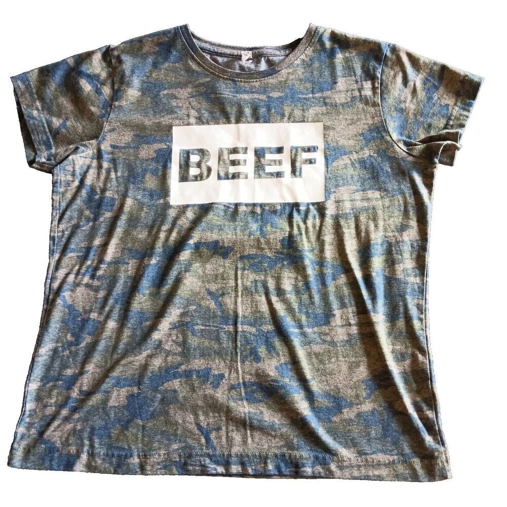 Live And Tell Camo Novelty Shirt Camo Beef Logo Green Blue Womens L Short Sleeve